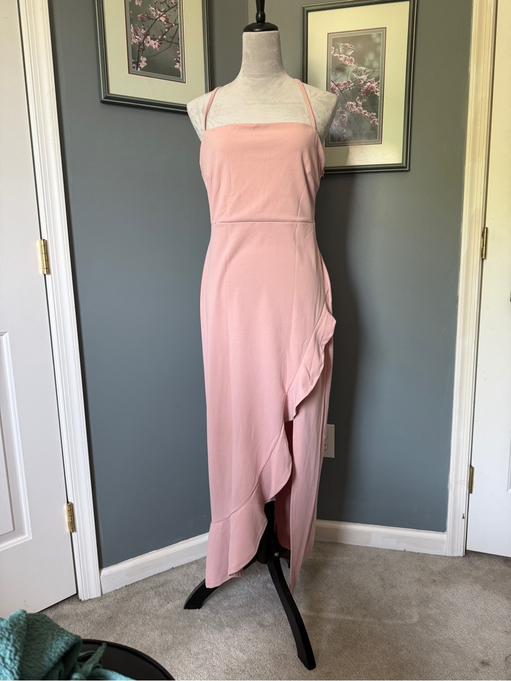Anrabess Sz L, Blush Pink Ruffle Halter Maxi Dress